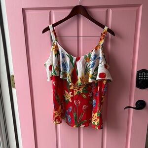New York & Company Red Floral Ruffle Tank Top